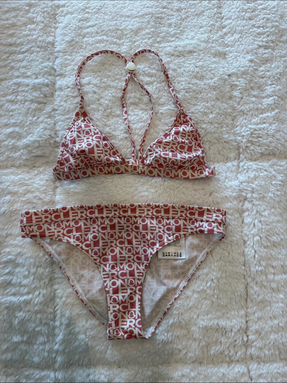 Moncler Pink and White Logo-Print Triangle Bikini Set